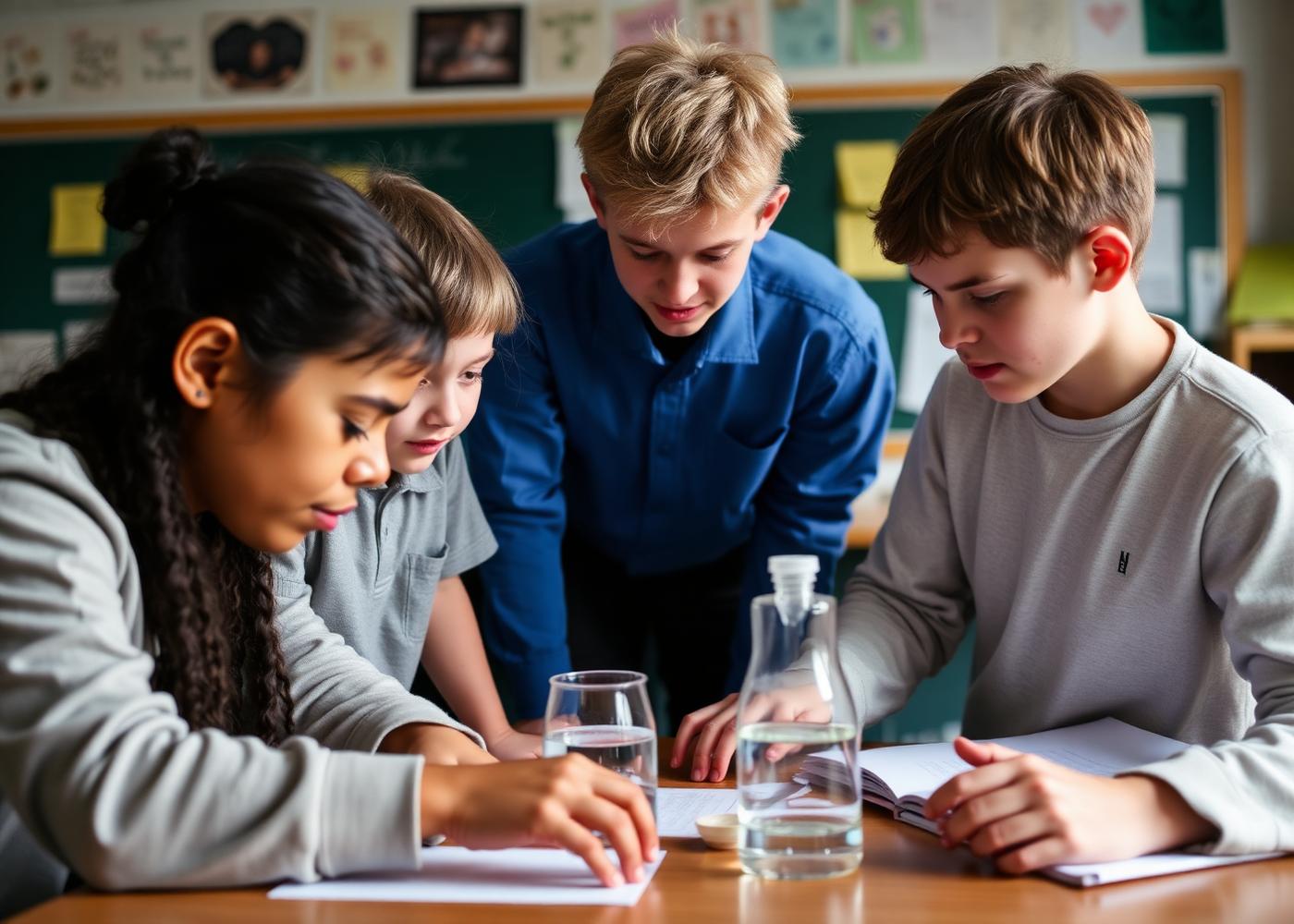 Alunos trabalhando juntos em um projeto de ciências na sala de aula